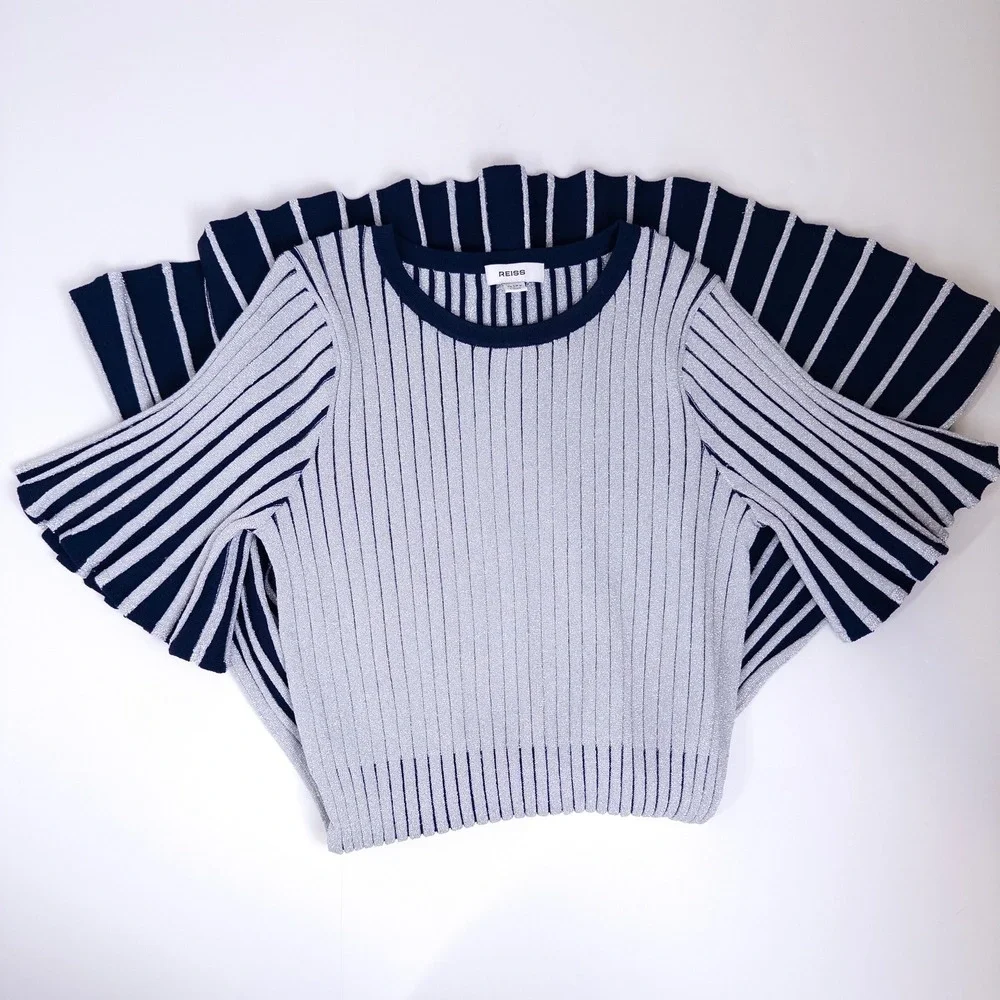 REISS Ribbed‎ Knit Dress Girls 11-12Y Navy Silver Metallic Stripe Skater Dress